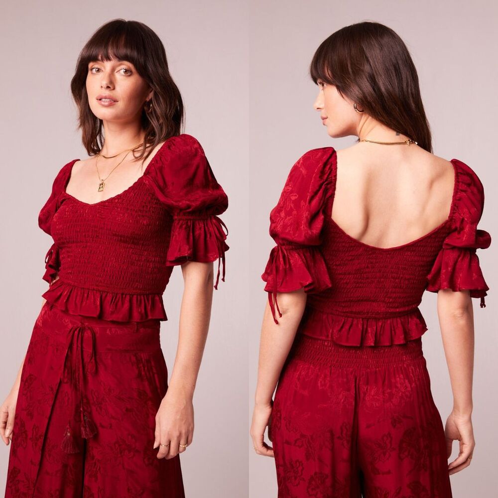 Band Of The Free Ruffle Smocked Crop Top XS Floral Red Puff Sleeve Boho Festival